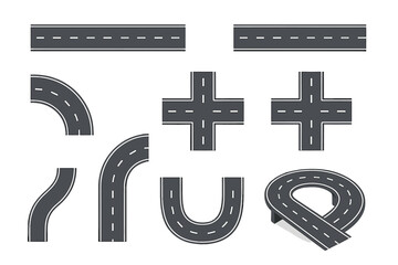 Road and highway constructor set for creating routes and maps. Vector illustration elements including street intersections, turns, curves and crossroads. Asphalt road toolkit.