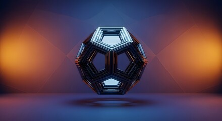 Futuristic 3D geometric abstract object in deep space, glowing with contrasting blue and orange neon light, symbolizing digital innovation, technological advancement, and complex modern design