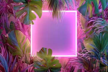 Neon-lit square frame surrounded by lush tropical foliage in vibrant pink and green hues