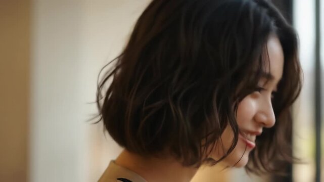 Close-up of a smiling woman with short, dark hair looking down indoors.