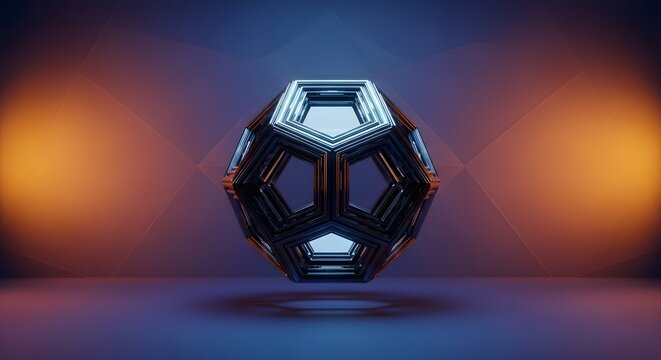 Futuristic 3D geometric abstract object in deep space, glowing with contrasting blue and orange neon light, symbolizing digital innovation, technological advancement, and complex modern design - Powered by Adobe