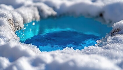 Blue water fills a snowy hollow in sunlight
