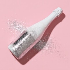 A white champagne bottle covered in silver glitter lays on a pink background with spilled shimmer