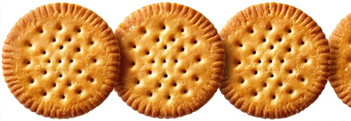 Row of round, light brown cookies with a ridged edge and many small holes