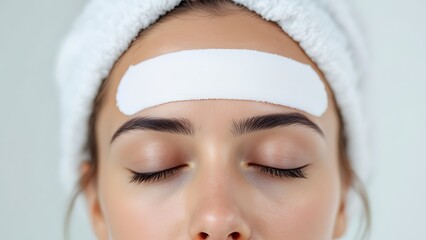 Woman with eyes closed and a white patch on her forehead.