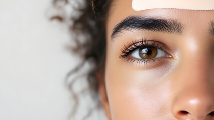 Close-up of a woman's face with a bandage on her forehead, showing her eye and eyebrow.