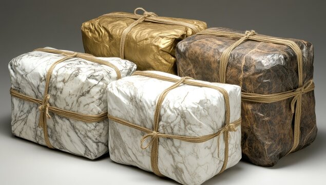 Wrapped parcels of varying textures, tied with twine