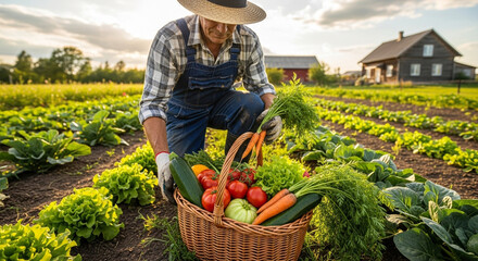 Farmer harvesting fresh vegetables in the organic garden at sunset, carrying a basket full of produce, including tomatoes, carrots, zucchini, and lettuce