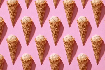 Pattern of ice cream cones with scoops, arranged on pink background, top down view