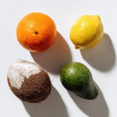 Overhead shot of four pieces of fruit a mandarin, lemon, coconut, and avocado