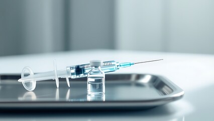 Syringe and vial on a metal tray, ready for injection.