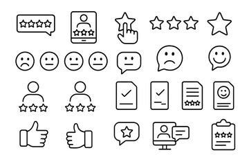 Feedback and review line icon set. Customer satisfaction survey signs. Star rating, emotion scale, testimonial and quality evaluation symbols for user experience design.
