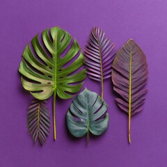 Five different tropical leaves in varying shades of green, purple, and blue on a purple background