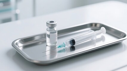 Vaccine vial and syringe on a metal tray in a medical setting.