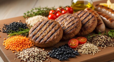 A variety of plant-based meat alternatives, including burgers and sausages, are arranged with grains, beans, and vegetables on a wooden board