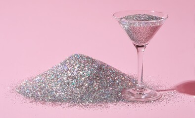 A martini glass filled with shimmering glitter, and a glitter pile, all on a pink background
