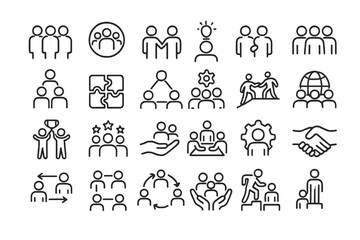 Teamwork line icon set. Business collaboration, people group, and corporate partnership symbols. Vector icons for management, leadership, HR, and communication strategy.
