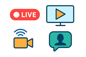 Live stream and webinar color icon set. Vector illustration for broadcasting, online event, video conference, and social media. Stream, chat, play button, and camera icons.