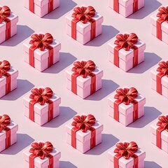 Fototapeta premium A repeating pattern of pink gift boxes with red bows on a light pink background