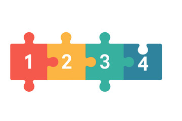 Colorful four-piece jigsaw puzzle infographic template with numbered steps, flat design vector illustration for business process, workflow, and education concept