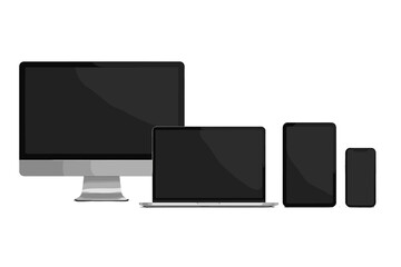 Realistic Vector Illustration of Monitors, Laptop, Tablet, and Smartphone Set with Transparent Background, Modern Digital Devices, Technology Display, Electronic Gadget Collection