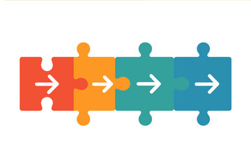 Colorful flat infographic with interconnected jigsaw puzzle pieces showing step-by-step process arrows, vector illustration with transparent background, sequence and progress concept
