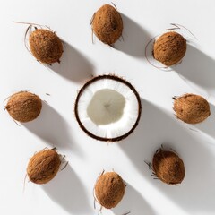 Overhead shot of a cut coconut surrounded by whole coconuts on a white surface