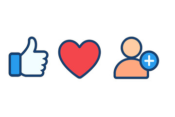 Social media rating icons set with thumbs up, heart, new follower symbol, flat design vector illustration, digital like, love reaction, user add profile icon