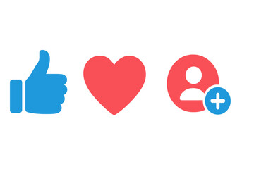 Social network rating icons set with thumbs up like symbol, red heart love icon, and new follower add user flat design vector illustration for social media interaction