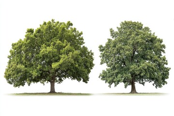 Two mature trees, side-by-side, isolated on white.  One is slightly greener, while the other is a slightly more muted shade of green.  Both display full canopies and clear trunks