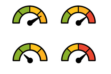 Speed meter gauge icon vector set with transparent background, isolated on white, performance dashboard indicators showing low to high levels, colored green yellow and red zones for measurement