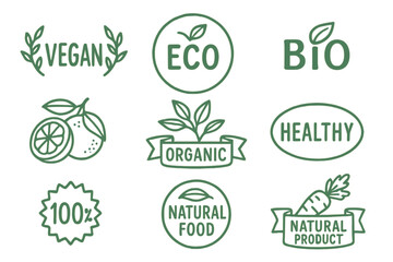Vegan Eco Bio Organic Fresh Healthy 100 Percent Natural Food Logo Emblem Badge Label Tag Packaging Vector Illustration for Cafe and Product Branding