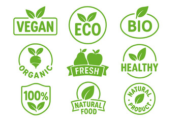Vegan eco bio organic fresh healthy 100 percent natural food natural product emblem cafe logos badges tags label packaging vector illustration