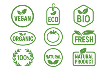 Vegan eco bio organic fresh healthy 100 percent natural food emblem icon set, natural product labels, badges, tags, logos for packaging, cafe, organic market vector
