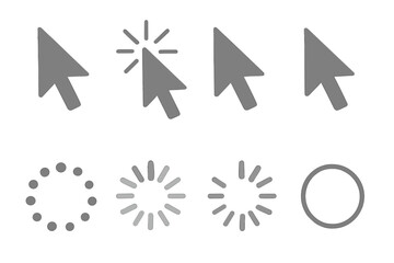 Vector set of computer mouse cursors and loading icons, cursor arrow pointer in different states, progress indicators, digital navigation symbols, UI design elements