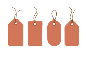 Set of blank price tags vector illustration, assorted shapes with string loops, retail price label collection, shopping tags for product pricing, sale tags with transparent background