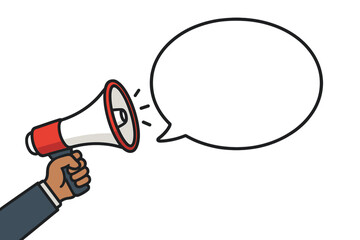Hand holding megaphone with blank speech bubble. Loudspeaker for announcement, marketing, advertising. Business communication concept. Promotion banner vector illustration copy space.