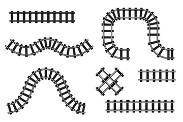Vector railroad and railway track elements, wavy and curved rail tracks, train traffic infrastructure, black railway track segments, transportation construction illustration, transparent background