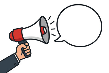 Hand holding megaphone with speech bubble. Loudspeaker for business promotion, marketing, announcement, and advertising. Communication and alert concept vector illustration.