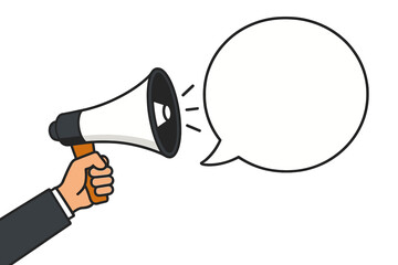 Businessman hand holding a megaphone with a blank speech bubble. Loudspeaker for business, marketing, advertising, or an important announcement. Promotion banner vector concept.