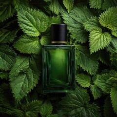 A square green perfume bottle sits atop vibrant, lush green leaves, creating an organic composition