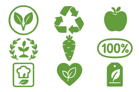 Vegan eco bio organic fresh healthy natural food 100 percent natural product emblem cafe logo badge tag packaging vector illustration set
