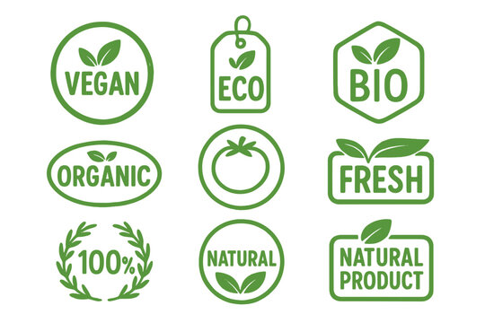 Vegan eco bio organic fresh healthy 100 percent natural food emblem icon set, natural product labels, badges, tags, logos for packaging, cafe, organic market vector