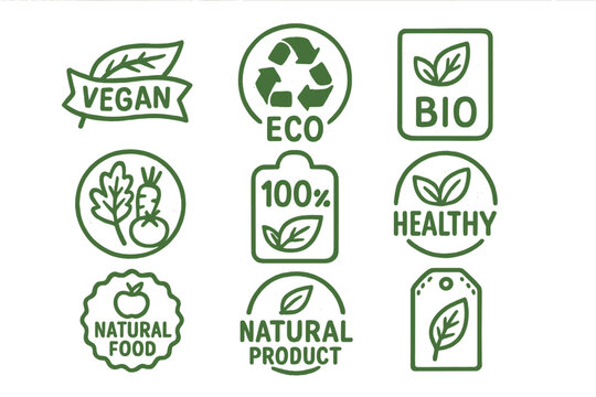 Vegan eco bio organic fresh healthy natural food label badge emblem 100 percent natural product tag packaging logo design vector illustration