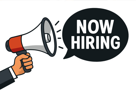 Now hiring announcement with a megaphone. Hand holding loudspeaker for recruitment and job vacancy. Business hiring and employment concept. Vector illustration for advertising. - Powered by Adobe