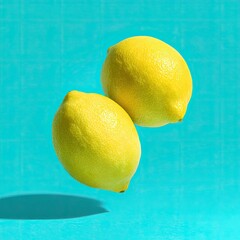 Two ripe lemons, lit from above, levitate against a bright turquoise backdrop with shadows