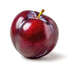 Close-up of a single, plump, dark-red plum.  A glossy, deep crimson plum with lighter, bluish-purple speckles.  Isolated against a pure white background