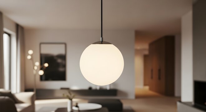 Modern indoor ceiling light fixture with a spherical diffuser in a contemporary living room setting