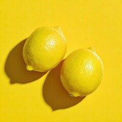 Two whole lemons on a bright yellow surface, top-down perspective with sharp shadows