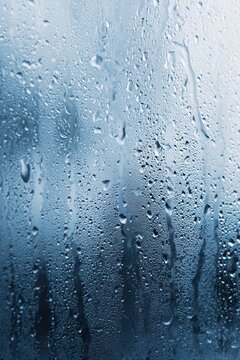 A close-up of a glass surface covered in water droplets, creating a foggy and textured effect with a cool blue tint.